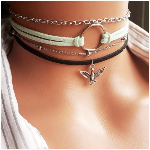 Su Yeşili & Siyah Renk Süet Kadın Albatros Kuşu & Round Dörtlü Choker Kolye ürün görseli 1