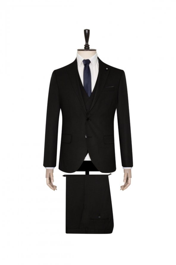 Yelekli Siyah Slim Fit Takım Elbise ürün görseli 1