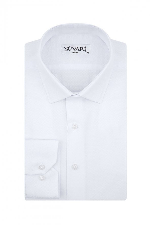 Slim Fit Armür Desenli Beyaz Erkek Gömlek ürün görseli 1