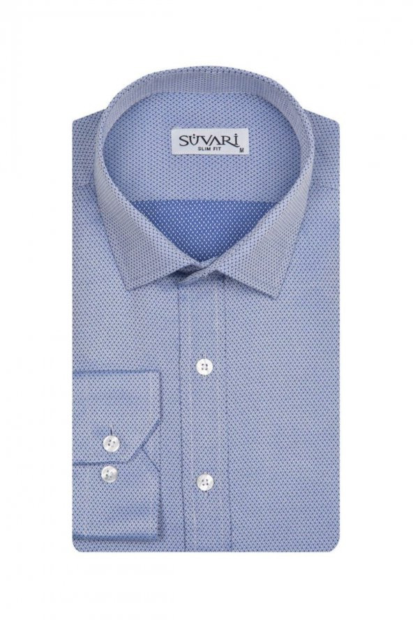 Slim Fit Armür Desenli Mavi Erkek Gömlek ürün görseli 1