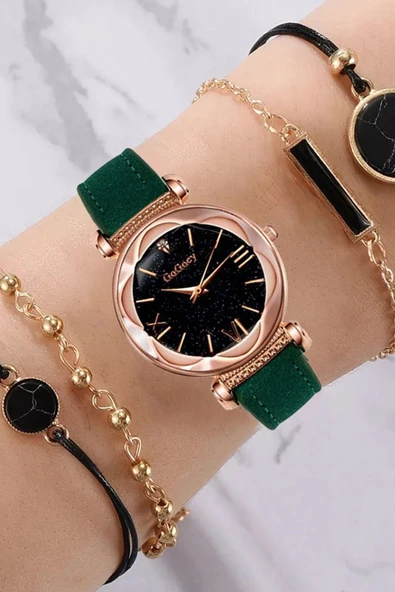 Kadın Kol Saati Lüks Moda Şık Trend Set Saat Yeşil Renk + 4 Adet Bileklik ürün görseli 1