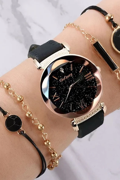 Kadın Kol Saati Lüks Moda Şık Trend Bayan Set Saat Siyah Renk ürün görseli 1