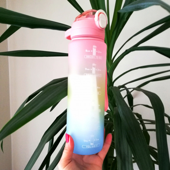 1 Litre Pembe Kapaklı Motivasyonlu Tritan Spor Salonu Şişesi Su Matarası ürün görseli 1