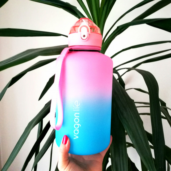 2 Litre Pembe Kapaklı Life Motivasyonlu Tritan Spor Salonu Şişesi Su Matarası ürün görseli 1