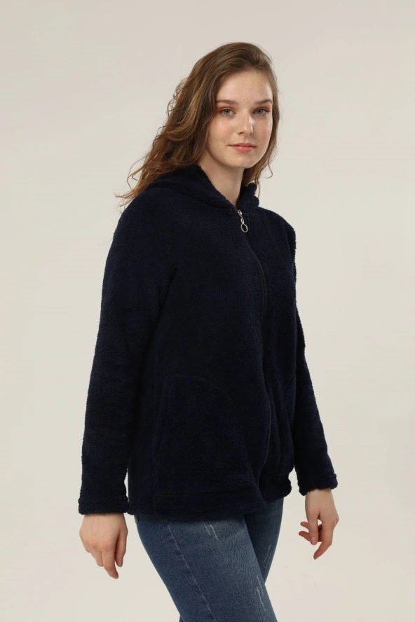 BLUES MODA Yumuşacık Kapşonlu Fermuarlı Peluş Hırka ürün görseli 1