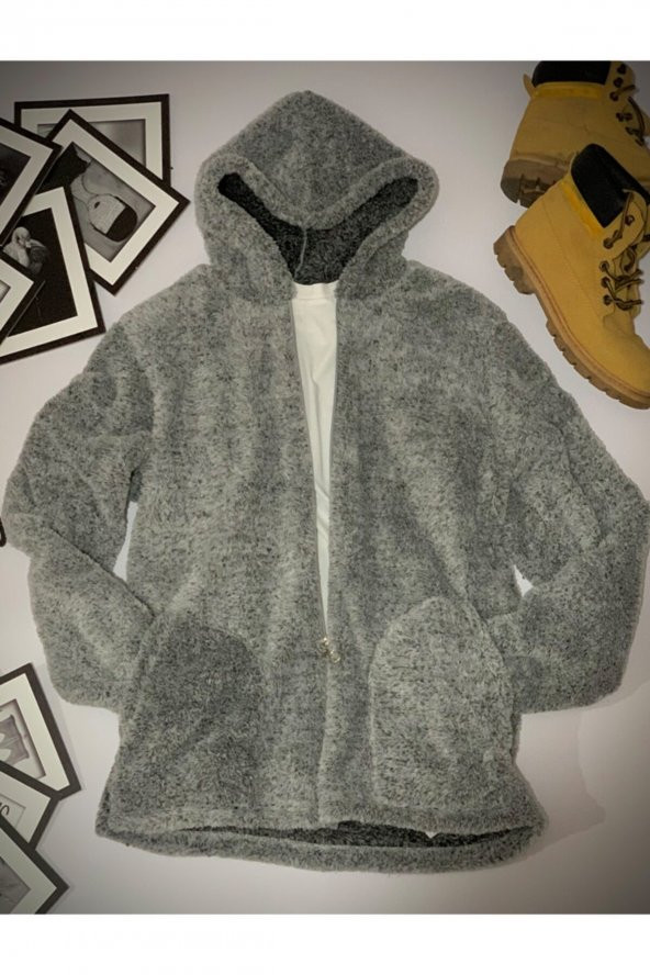 Kadın Gri Renk Tam Fermuarlı Kapüşonlu Cepli Peluş Polar ürün görseli 1
