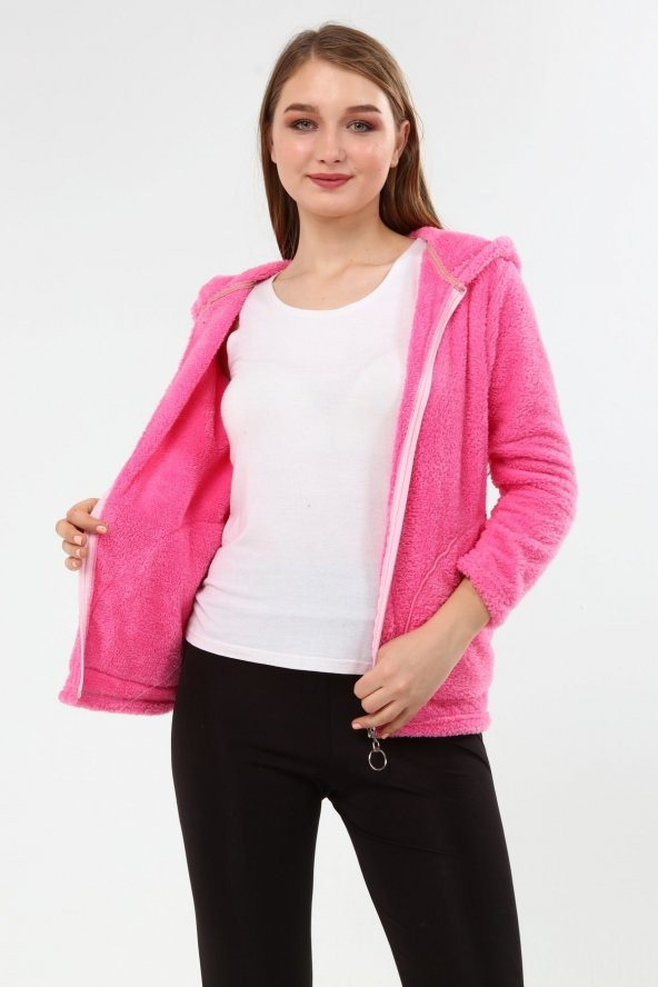 Peluş Kapüşonlu Mont - Pembe - Resim 3