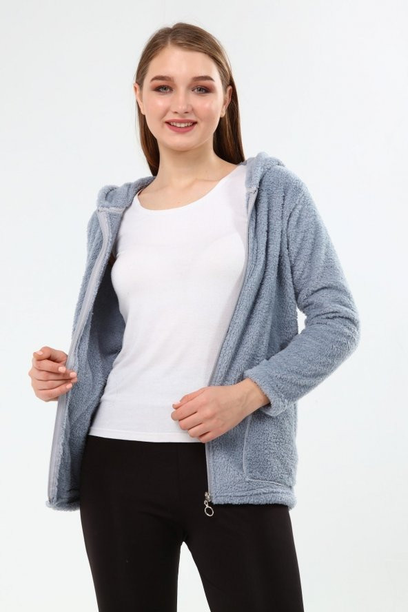 Peluş Kapüşonlu Mont - Pembe - Resim 9
