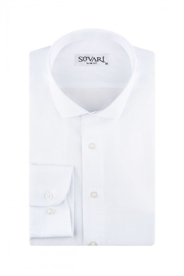 Erkek Slim Fit Armür Desenli Beyaz Gömlek ürün görseli 1