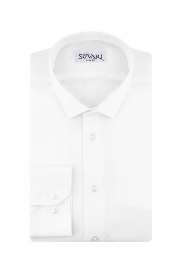 Slim Fit Armür Desenli Beyaz Erkek Gömlek ürün görseli 1