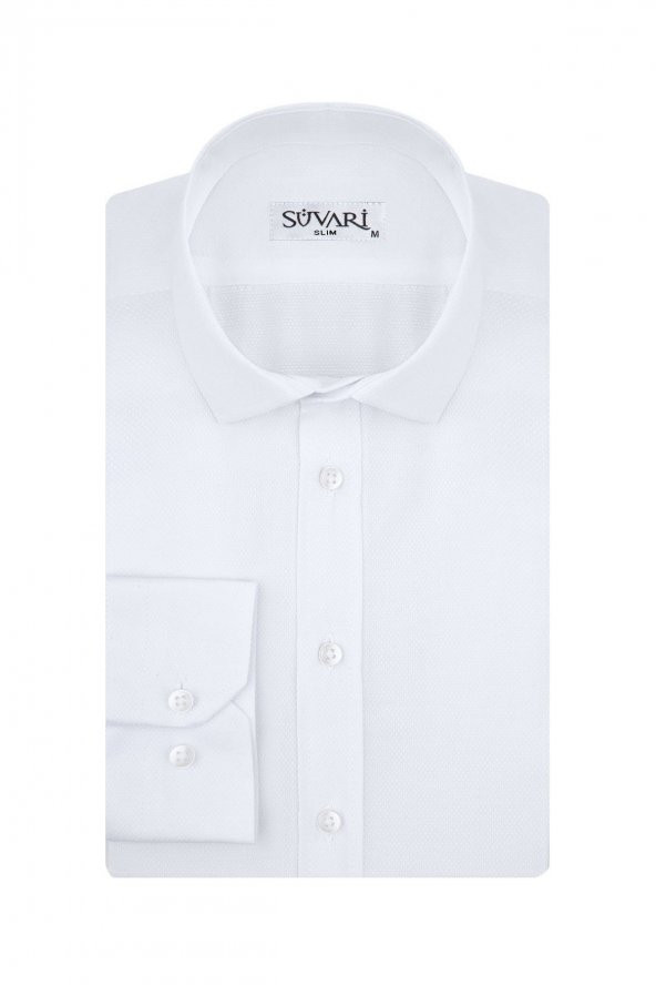 Slim Fit Armür Desenli Beyaz Erkek Gömlek ürün görseli 1