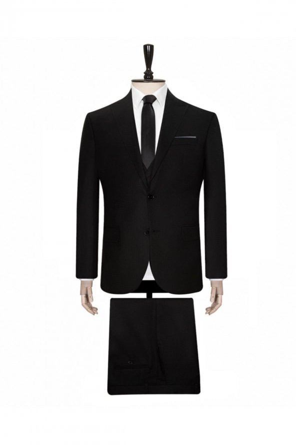 Yelekli Siyah Slim Fit Takım Elbise ürün görseli 1