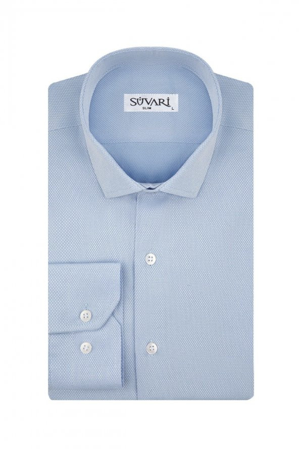 Slim Fit Armür Desenli Açık Mavi Erkek Gömlek ürün görseli 1