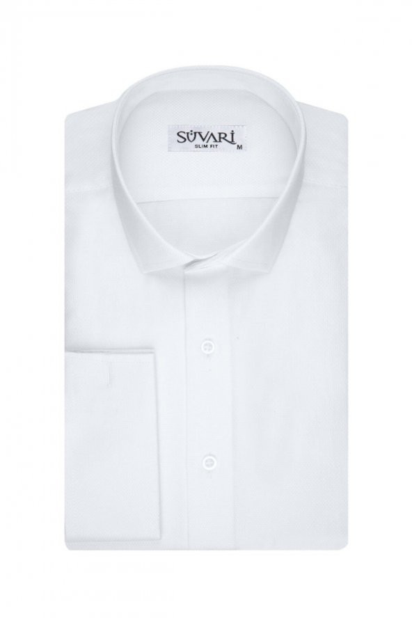Slim Fit Armür Desenli Beyaz Erkek Gömlek ürün görseli 1
