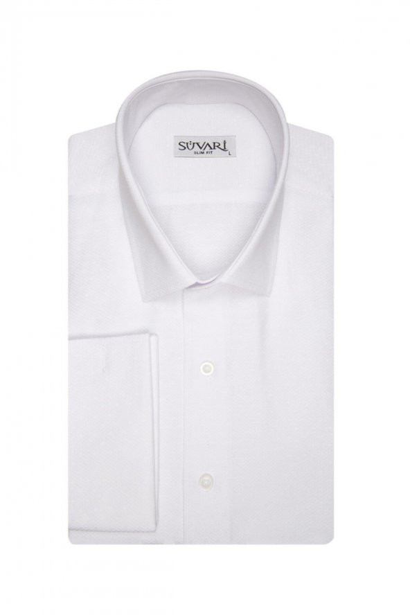 Erkek Beyaz Slim Fit Armür Desenli Manşetli Gömlek ürün görseli 1