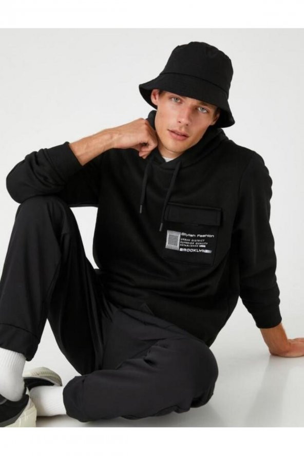 Kapşonlu Sweatshirt Slogan Baskılı Cep Detaylı ürün görseli 1