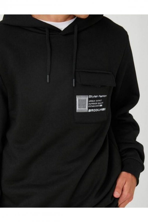 Kapşonlu Sweatshirt Slogan Baskılı Cep Detaylı - Resim 5