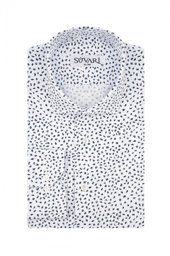 Slim Fit Desenli Lacivert Erkek Gömlek ürün görseli 1