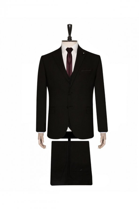Yelekli Siyah Slim Fit Takım Elbise ürün görseli 1
