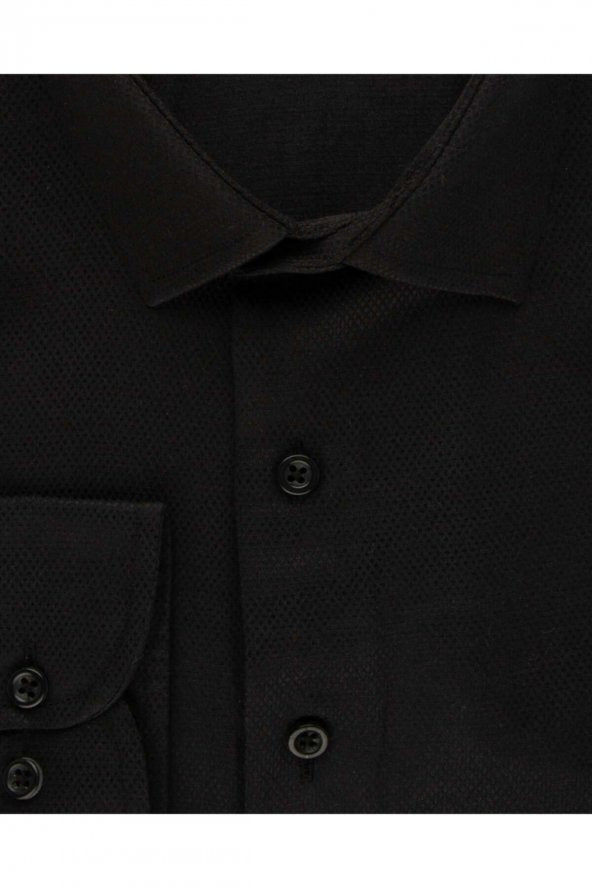 Slim Fit Armür Desenli Siyah Erkek Gömlek ürün görseli 1