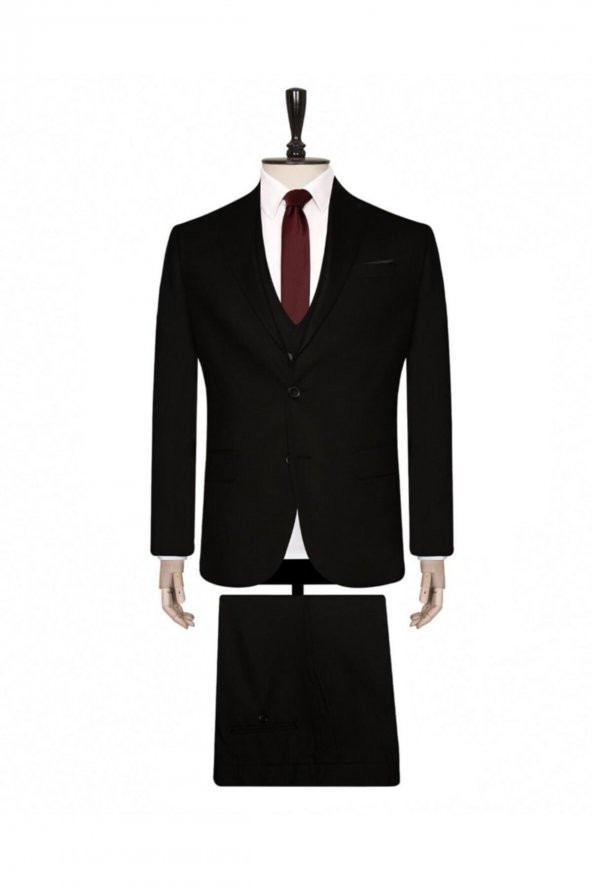 6 Drop Slim Fit Siyah Yelekli Düz Takım Elbise ürün görseli 1