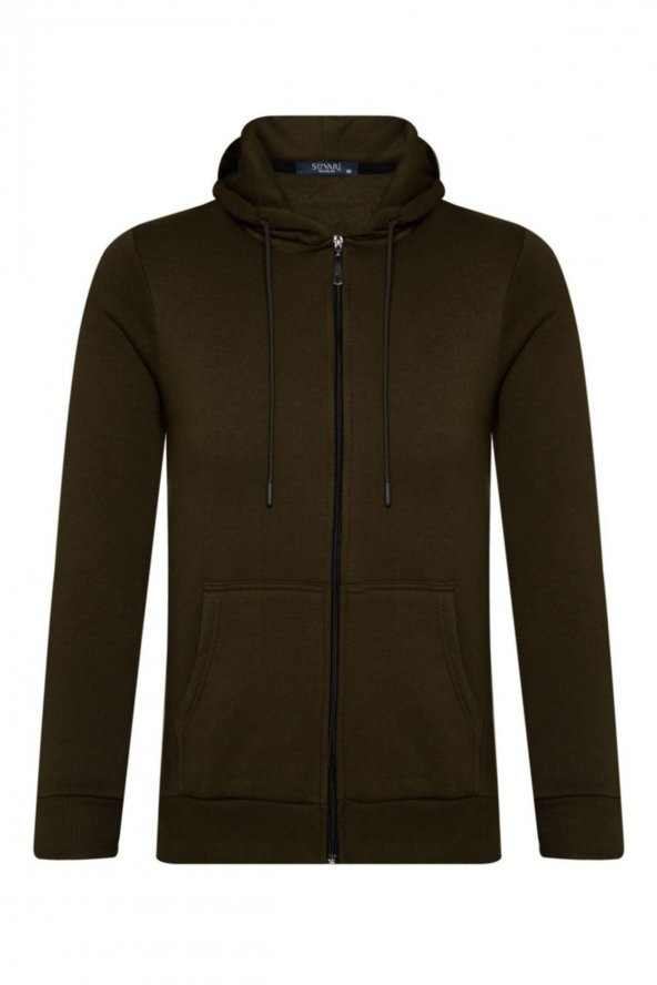 Üç Iplik Fermuarlı Kapüşonlu Yeşil Erkek Sweatshirt ürün görseli 1