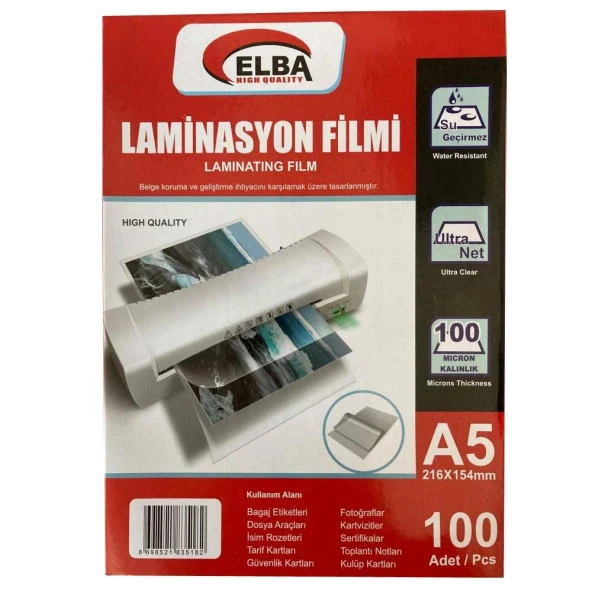 Elba Laminasyon Filmi A5 100 Micron 100 Lü 154 x 216 MM Laminasyon Filmi ürün görseli 1