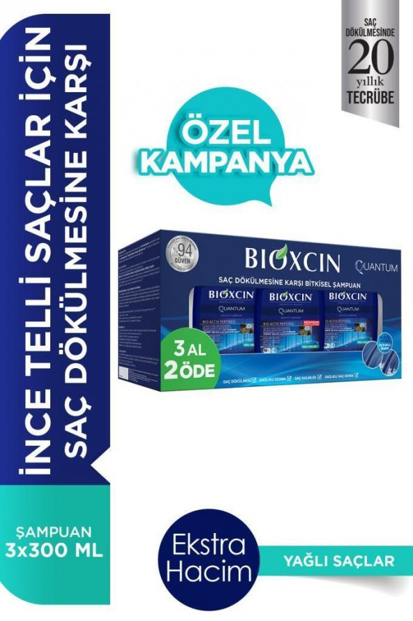 Bioxcin Quantum Yağlı Saçlar İçin Saç Dökülmesini Önleyici Şampuan 3 X 300 Ml ürün görseli 1