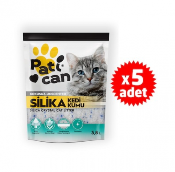 PATİCAN 5 ADET SİLİKA KRİSTAL KEDİ KUMU 3.8 LT ürün görseli 1