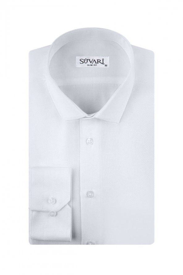 Slim Fit Armür Desenli Beyaz Erkek Gömlek ürün görseli 1