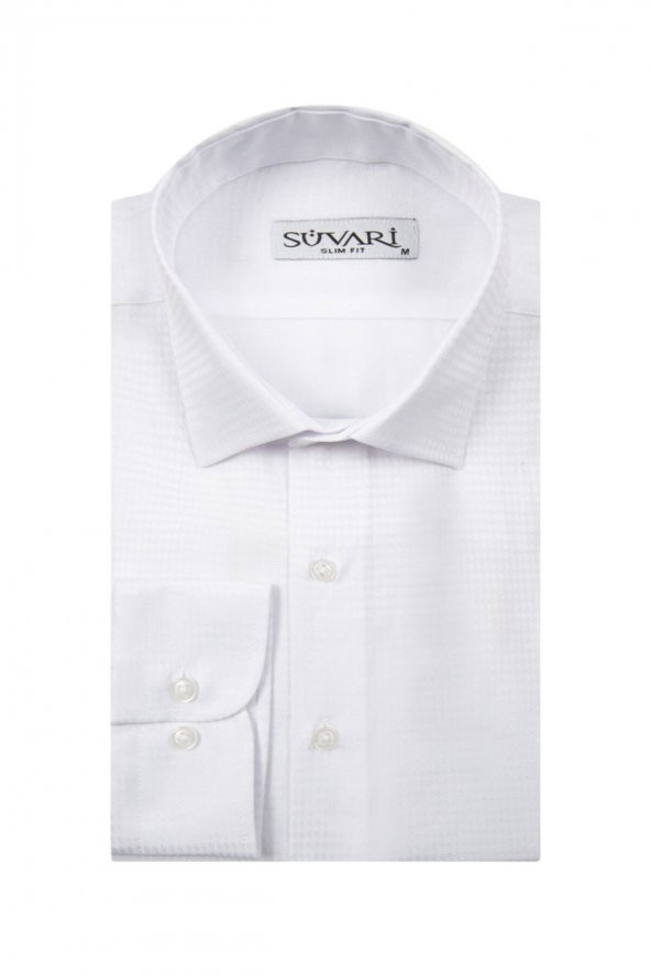 Slim Fit Armür Desenli Beyaz Erkek Gömlek ürün görseli 1