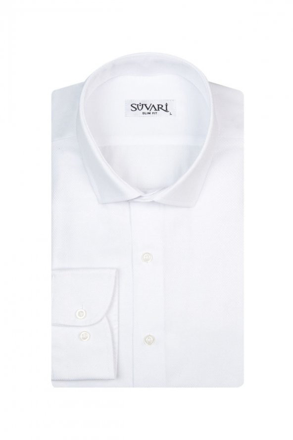 Slim Fit Armür Desenli Beyaz Erkek Gömlek ürün görseli 1