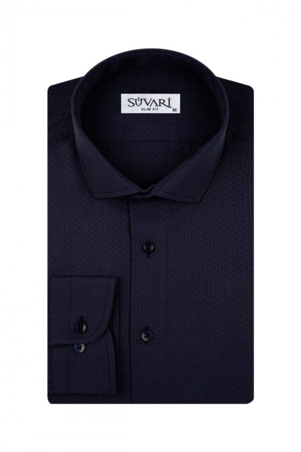 Slim Fit Armür Desenli Soluk Mavi Erkek Gömlek ürün görseli 1