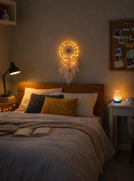 Led Işıklı Düş Kapanı Dreamcatcher Beyaz Kuş Tüyü Rüya Kapanı Duvar Süsü Elişi ürün görseli 1