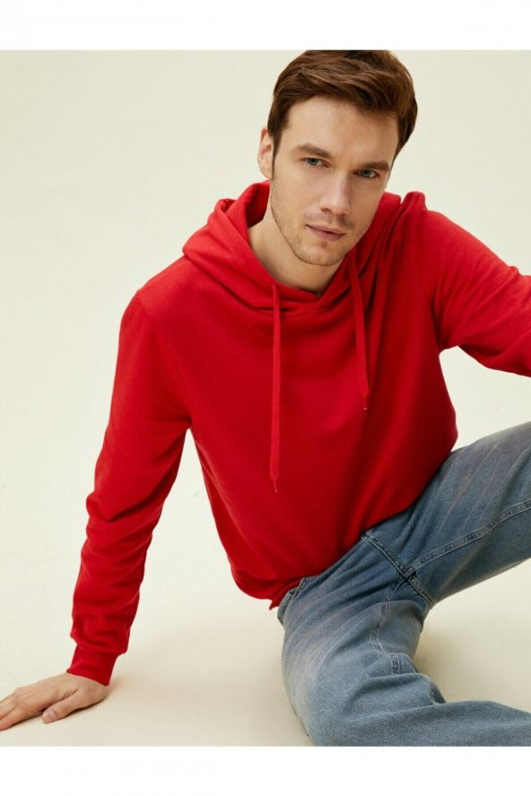 Erkek Kırmızı Kapüşonlu Pamuklu Uzun Kollu Basic Sweatshirt 1yam71750lk ürün görseli 1