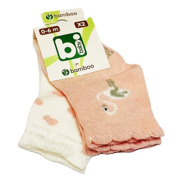 Bibaby Bambu Bebek Çorabı 2 li 0-6 Ay - Beyaz Kuğu - Pembe ürün görseli 1