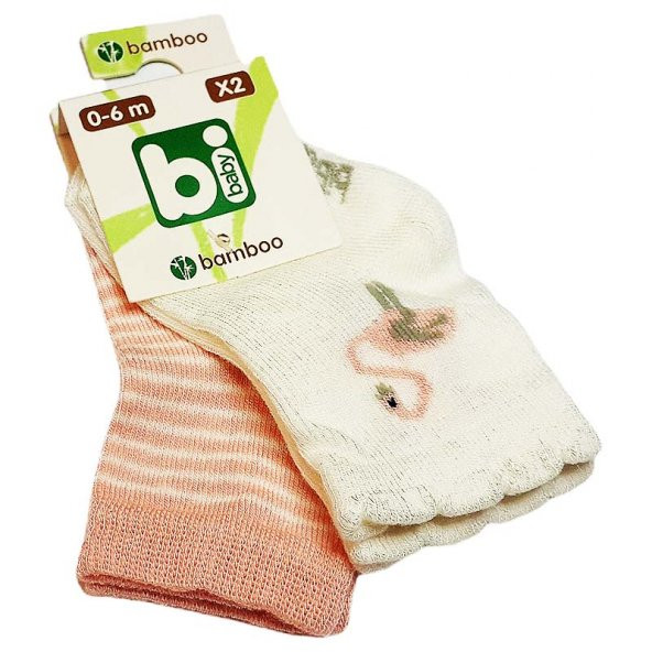 Bibaby Bambu Bebek Çorabı 2 li 0-6 Ay - Pembe Kuğu - Beyaz ürün görseli 1