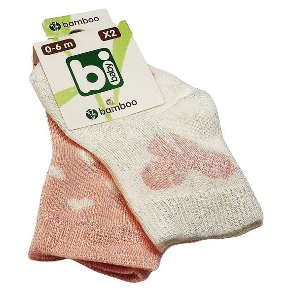 Bibaby Bambu Bebek Çorabı 2 li 0-6 Ay - Pembe Kelebek - Ekru ürün görseli 1