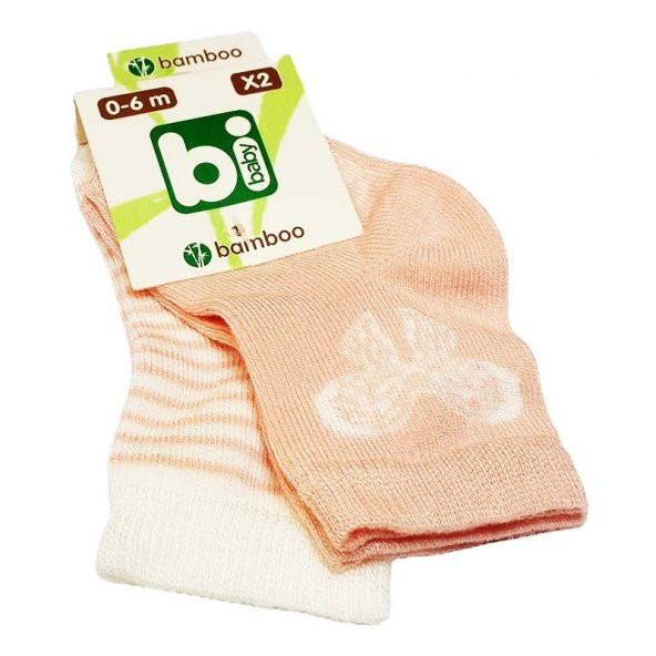Bibaby Bambu Bebek Çorabı 2 li 0-6 Ay - Beyaz Kelebek - Pembe ürün görseli 1