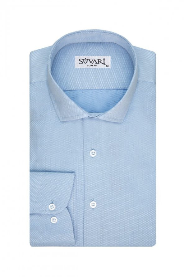 Slim Fit Armür Desenli Açık Mavi Erkek Gömlek ürün görseli 1
