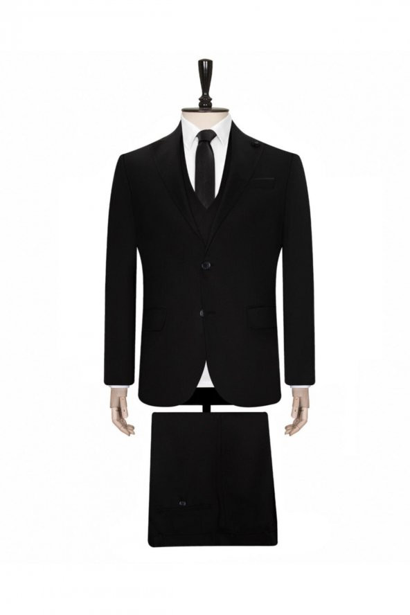 Yelekli Siyah Slim Fit Takım Elbise ürün görseli 1