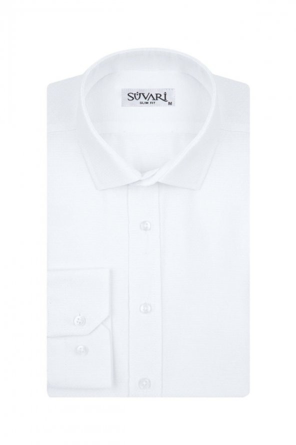Slim Fit Armür Desenli Beyaz Erkek Gömlek ürün görseli 1