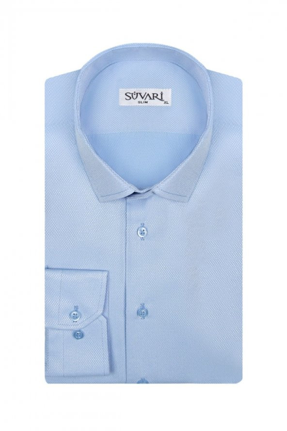 Slim Fit Armür Desenli Açık Mavi Erkek Gömlek ürün görseli 1