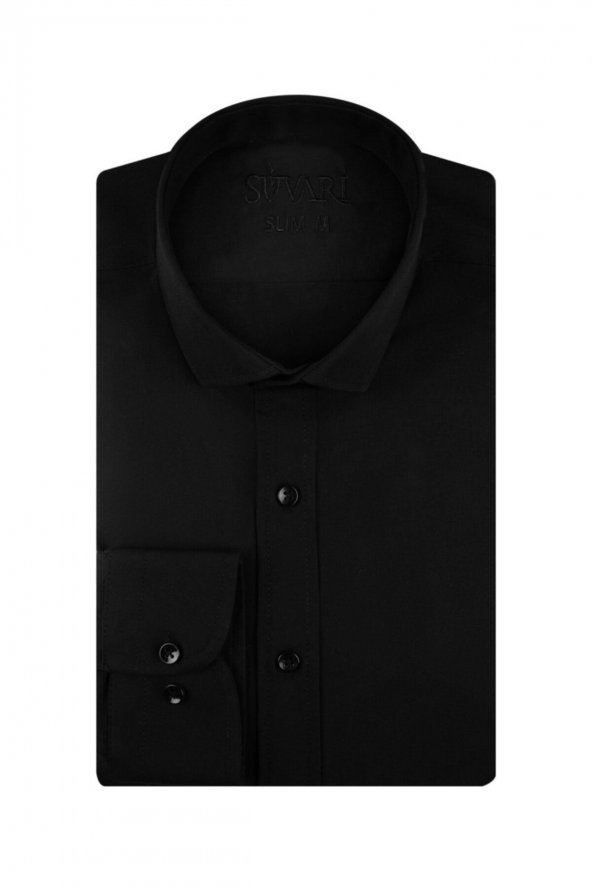 Slim Fit Düz Siyah Erkek Gömlek ürün görseli 1