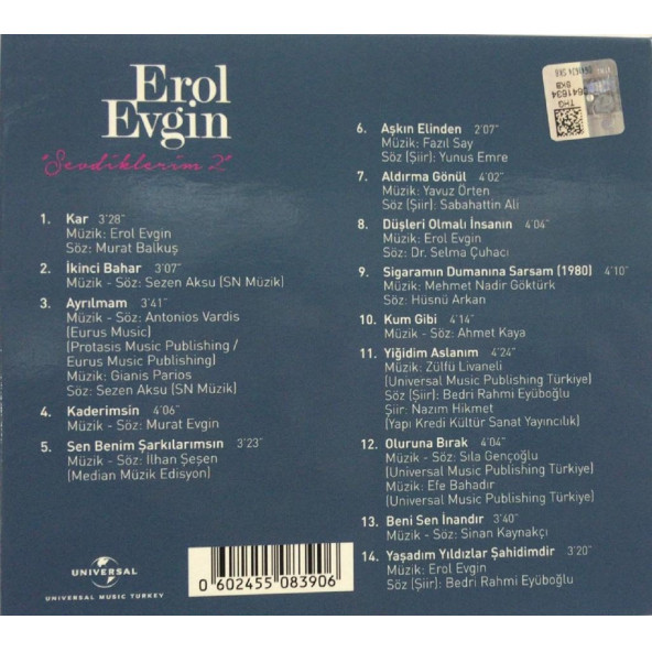 EROL EVGİN - SEVDİKLERİM 2 (AKUSTİK) (CD) - Resim 2