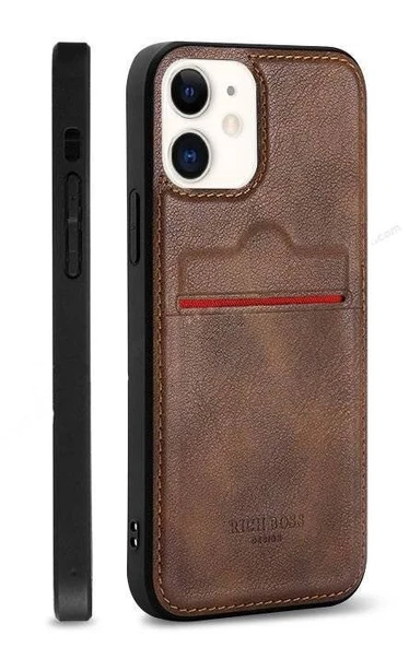 Apple iPhone 12 Kartlıklı Rich Boss Lüx Deri Kılıf Koyu Kahverengi ürün görseli 1