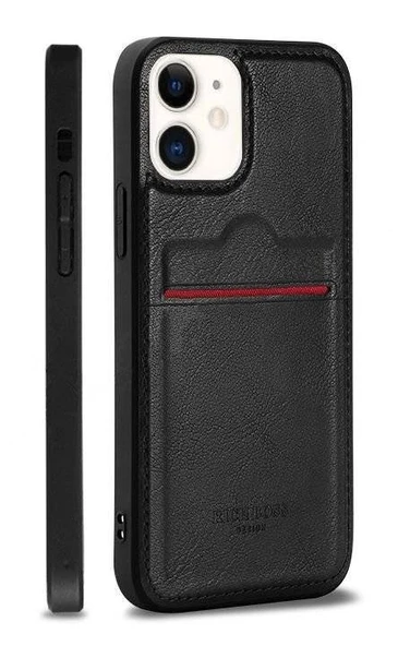 Apple iPhone 12 Kartlıklı Rich Boss Lüx Deri Kılıf Siyah ürün görseli 1