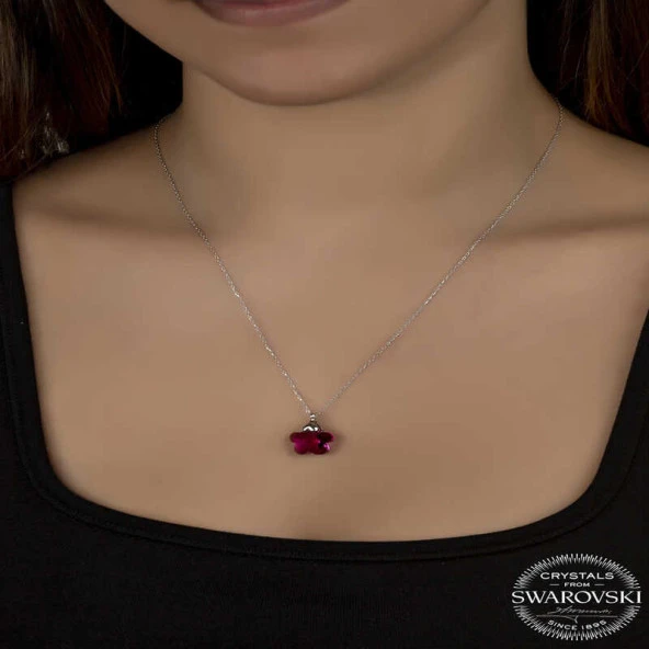 Swarovski Crystal Taşlı Fuşya Papatya Gümüş Kadın Kolye ürün görseli 1