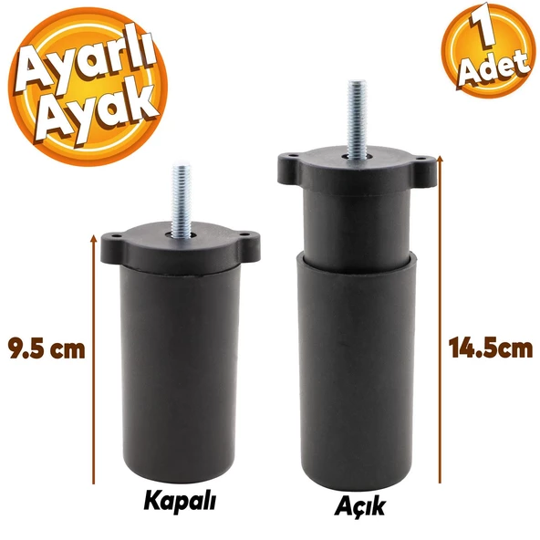Ayarlanabilir Gizli Mobilya Kanepe Baza Koltuk M8 Civatalı Vidalı Orta Destek Ayağı Ayak Siyah 9.5cm ürün görseli 1