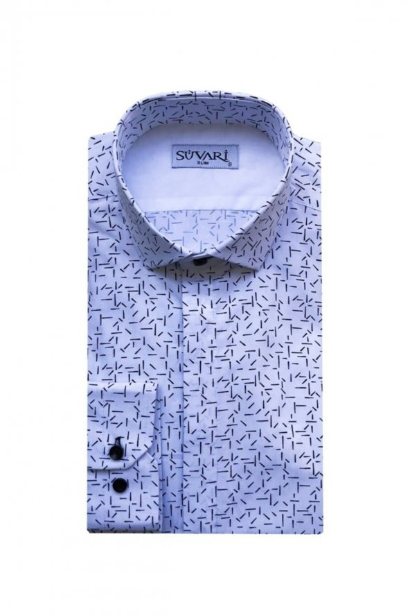 Slim Fit Baskılı Uzun Kol Gizli Düğme Detaylı Siyah Gömlek ürün görseli 1